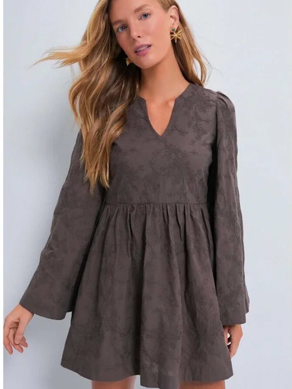 Tuckernuck Hyacinth House Women's Brown Textured Becca Bell-Sleeved Dress Small